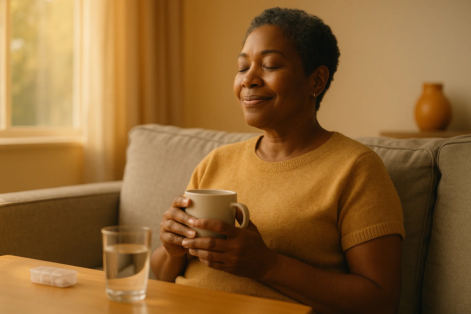 Woman experiencing profound relief from treatment holding a coffee cup